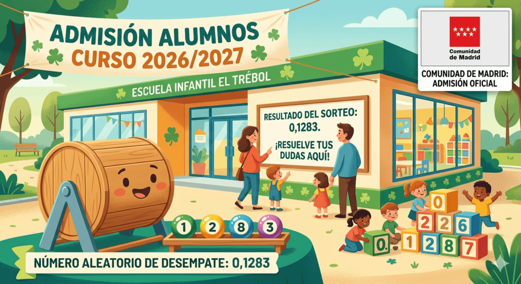 Dibujo de la Escuela Infantil El Trébol con un bombo de sorteo y un cartel que indica el número de desempate oficial 0,1283 para el proceso de admisión de alumnos 2026/2027.
